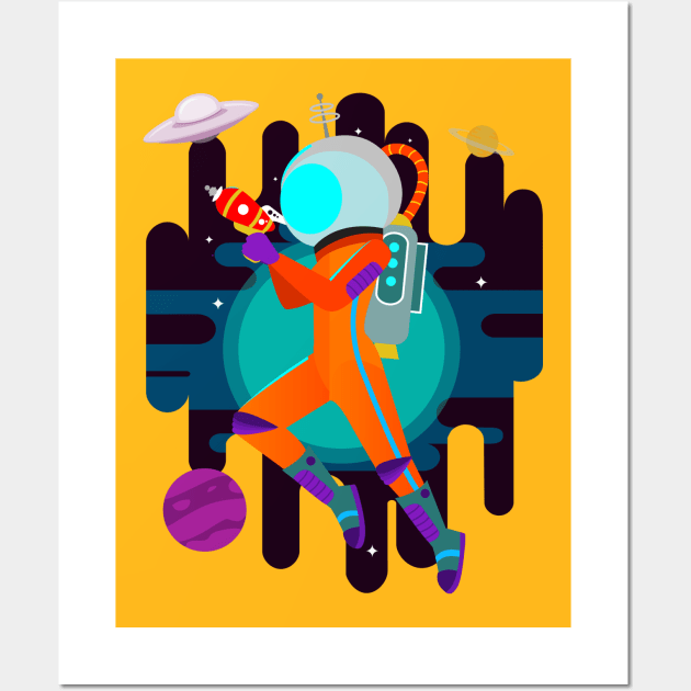 Orange space explorer astronaut Wall Art by InkyArt